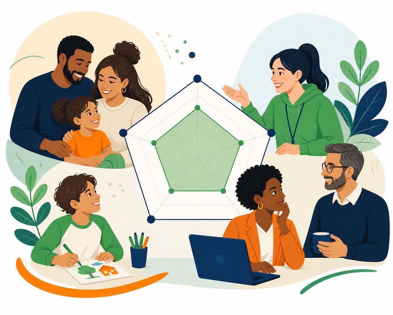 Illustration Radar Confiance — familles, enfants, professionnels et partenaires